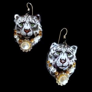 Handpainted snow leopard earrings on Sterling wires big cats, wildlife jewelry